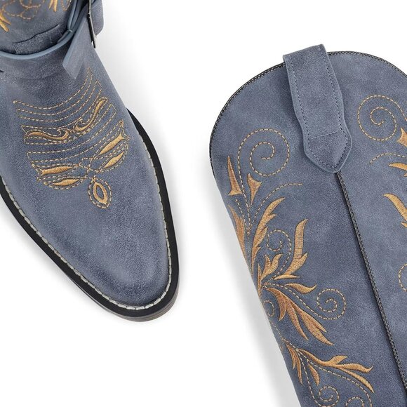 Women's Embroidered Blue Removable Belt Low Block Heel Round Western Boots - Picture 3 of 3